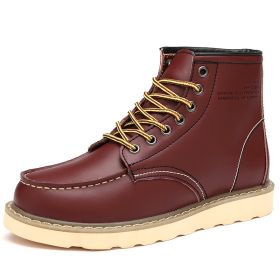 Autumn and winter men's cashmere plus large size two layer cowhide Martin boots fashion trend comfortable warm men's ankle boots (Color: Wine red with velvet, size: 45)