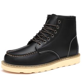 Autumn and winter men's cashmere plus large size two layer cowhide Martin boots fashion trend comfortable warm men's ankle boots (Color: Black fleece, size: 41)